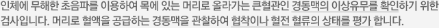 인체에 무해한 초음파를 이용하여 목에 있는 머리로 올라가는 큰혈관인 경동맥의 이상유무를 확인하기 위한 검사입니다. 머리로 혈액을 공급하는 경동맥을 관찰하여 협착이나 혈전 혈류의 상태를 평가합니다.